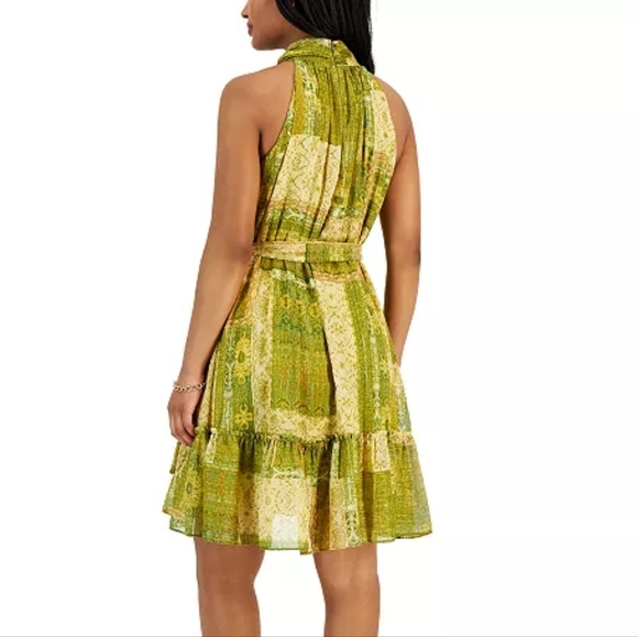 Taylor Green Gold Metallic Chiffon Halter Neck A-Line Dress Size 10 Petite - Picture 2 of 11